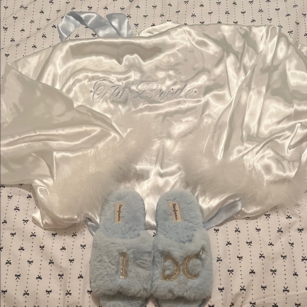 Dearfoams Light Blue Fuzzy Slippers and The Bride robe